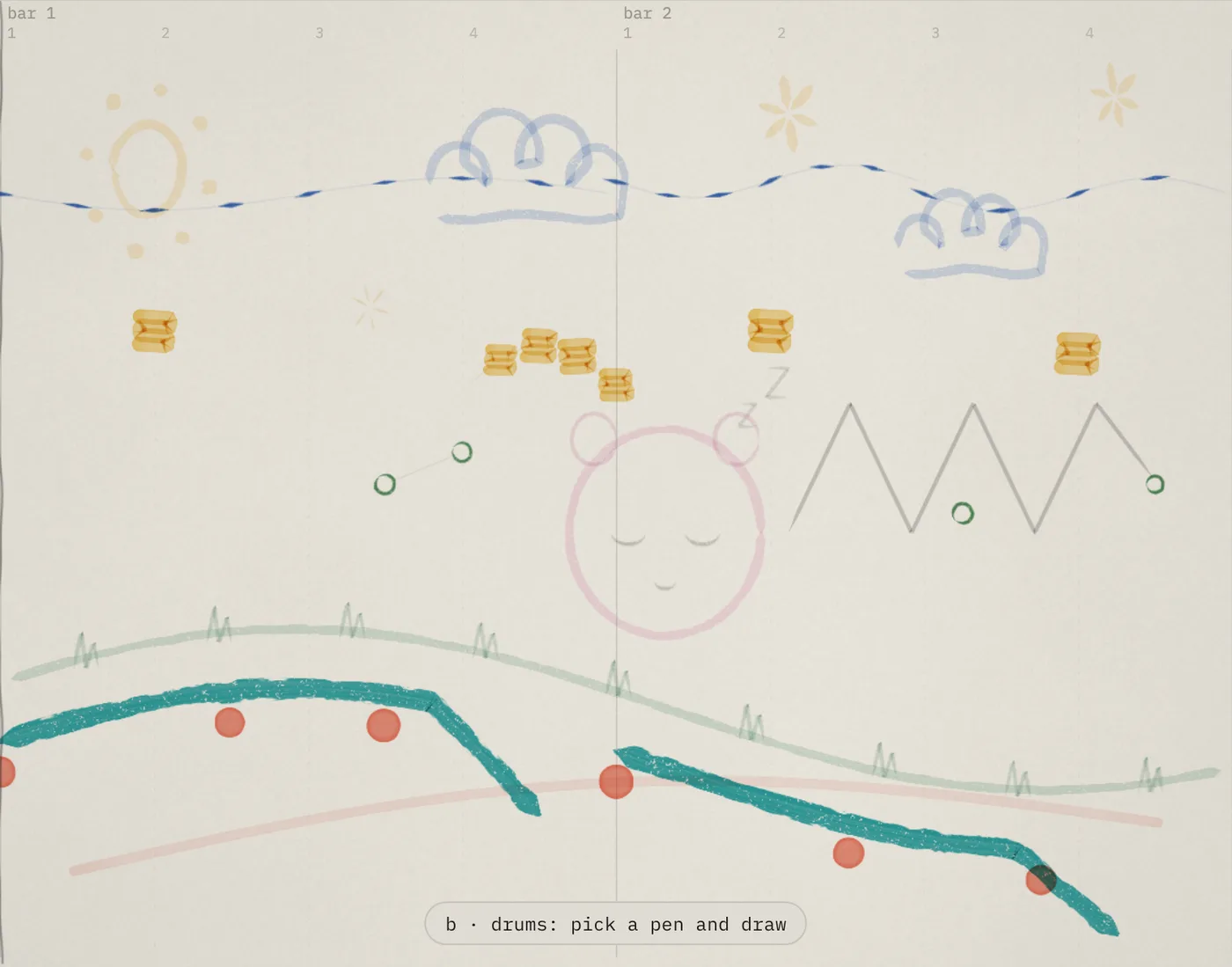 page b: drawn drum notation, kick dots, snare boxes, hat dashes, perc rings and an 808 line