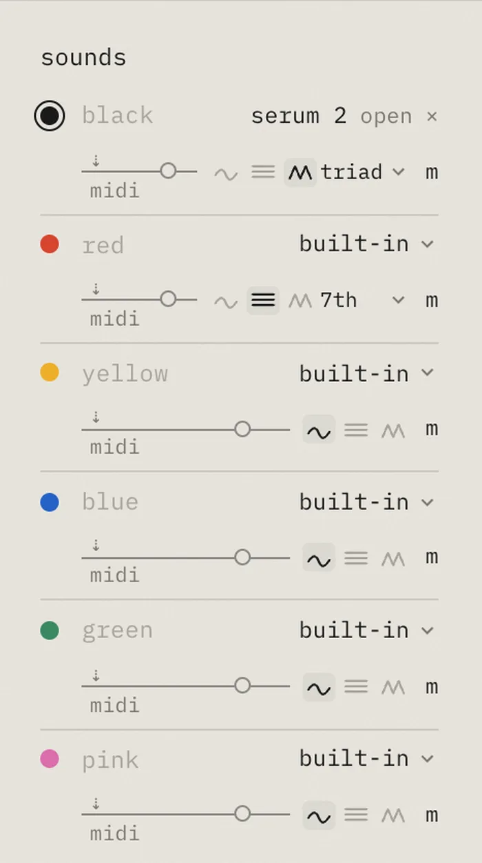 the sounds panel: each colour with its own instrument